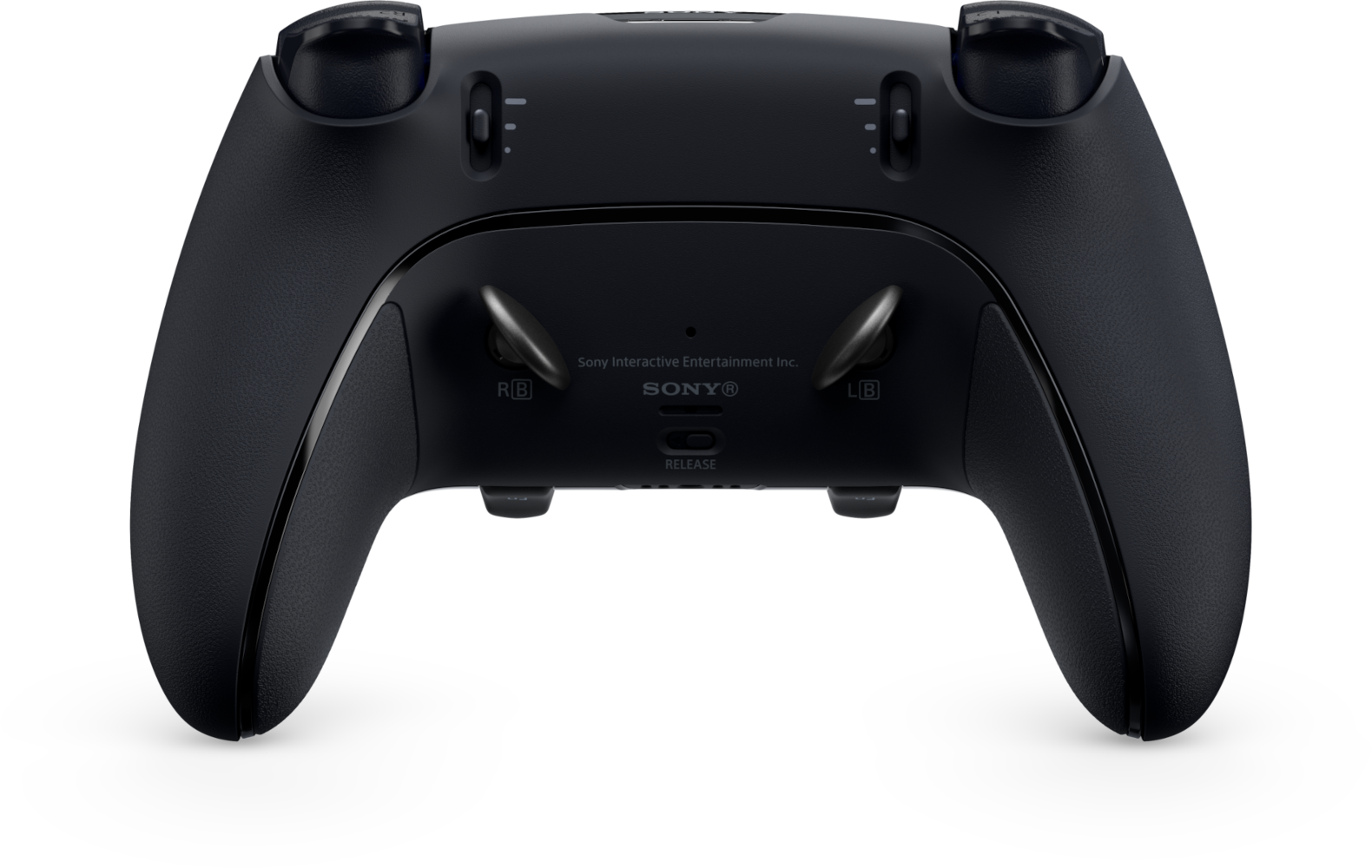 Fekete PlayStation vezérlő, hátulnézet, gombokkal és Sony logóval.