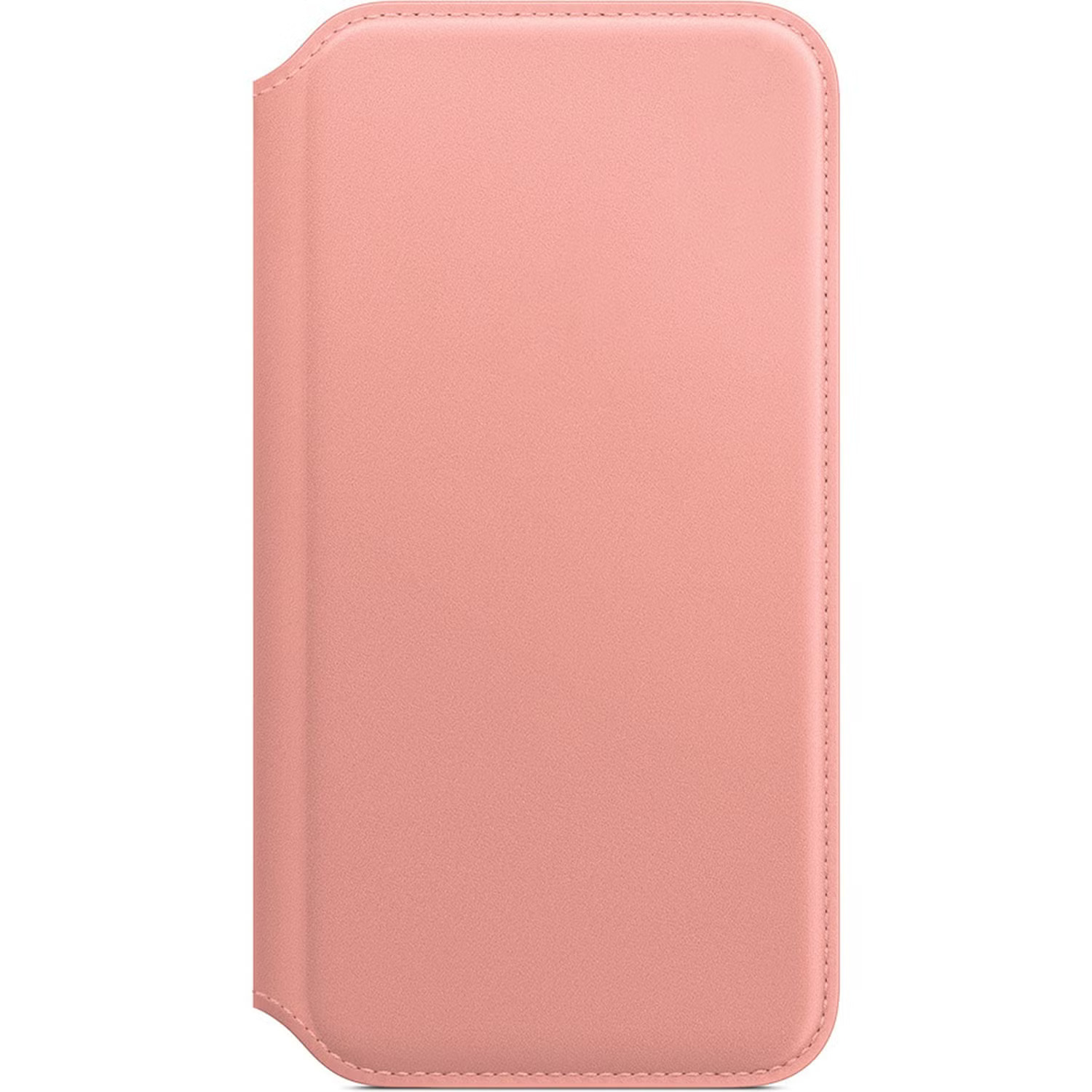 Un étui iPhone en cuir rose, fermé et en position verticale. Les bords sont cousus.