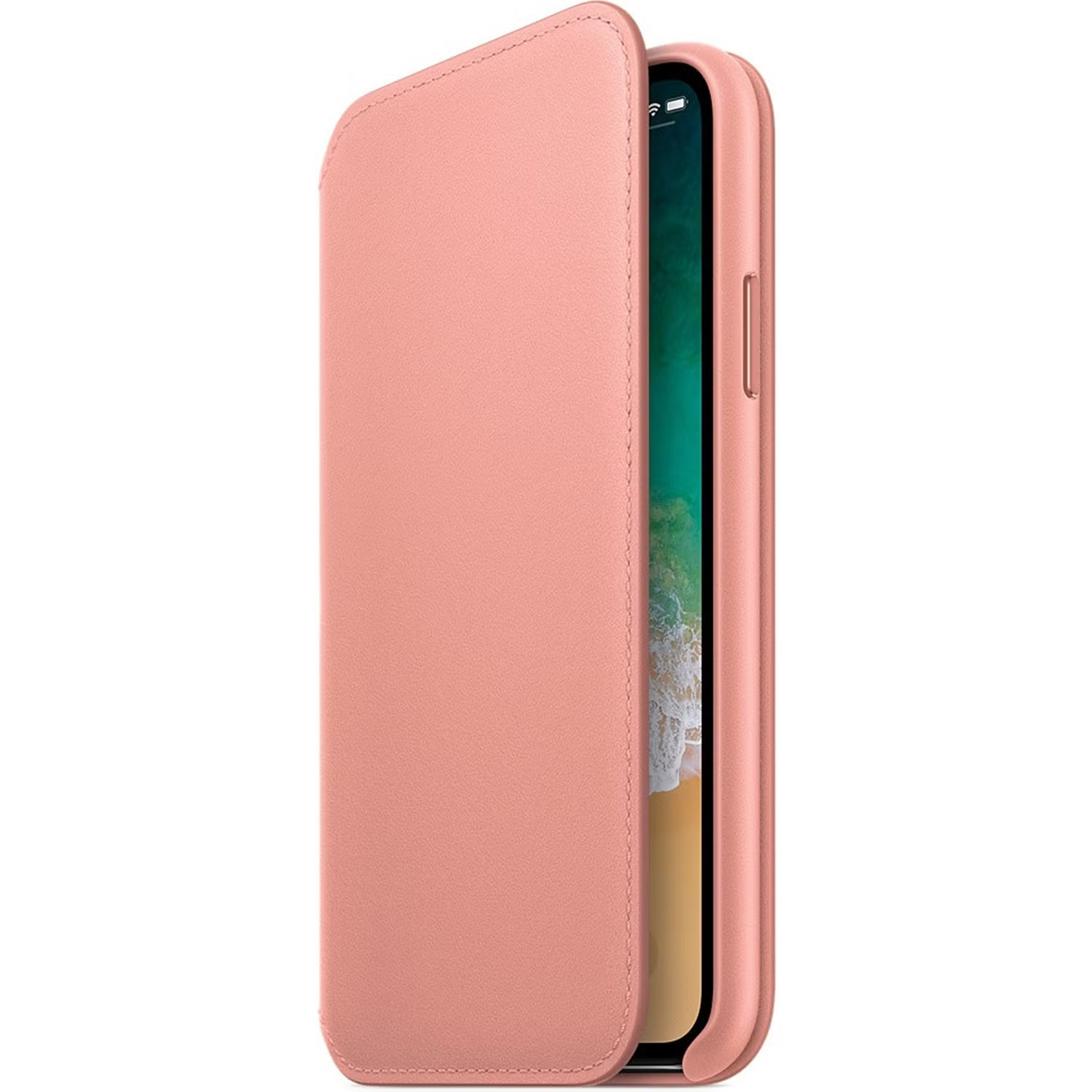 Étui iPhone rose ouvert, montrant le téléphone.
