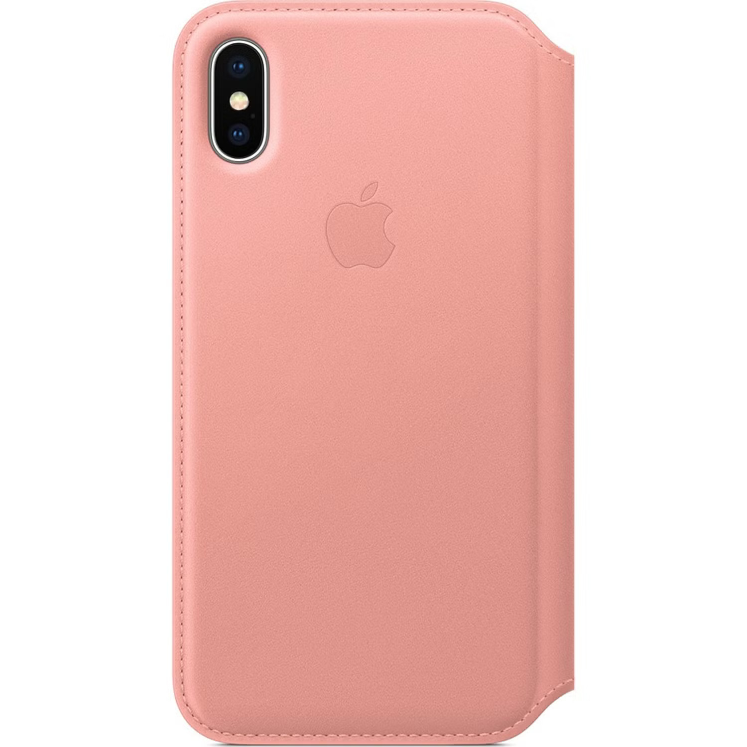Un étui de téléphone en cuir rose avec le logo Apple sur le devant.