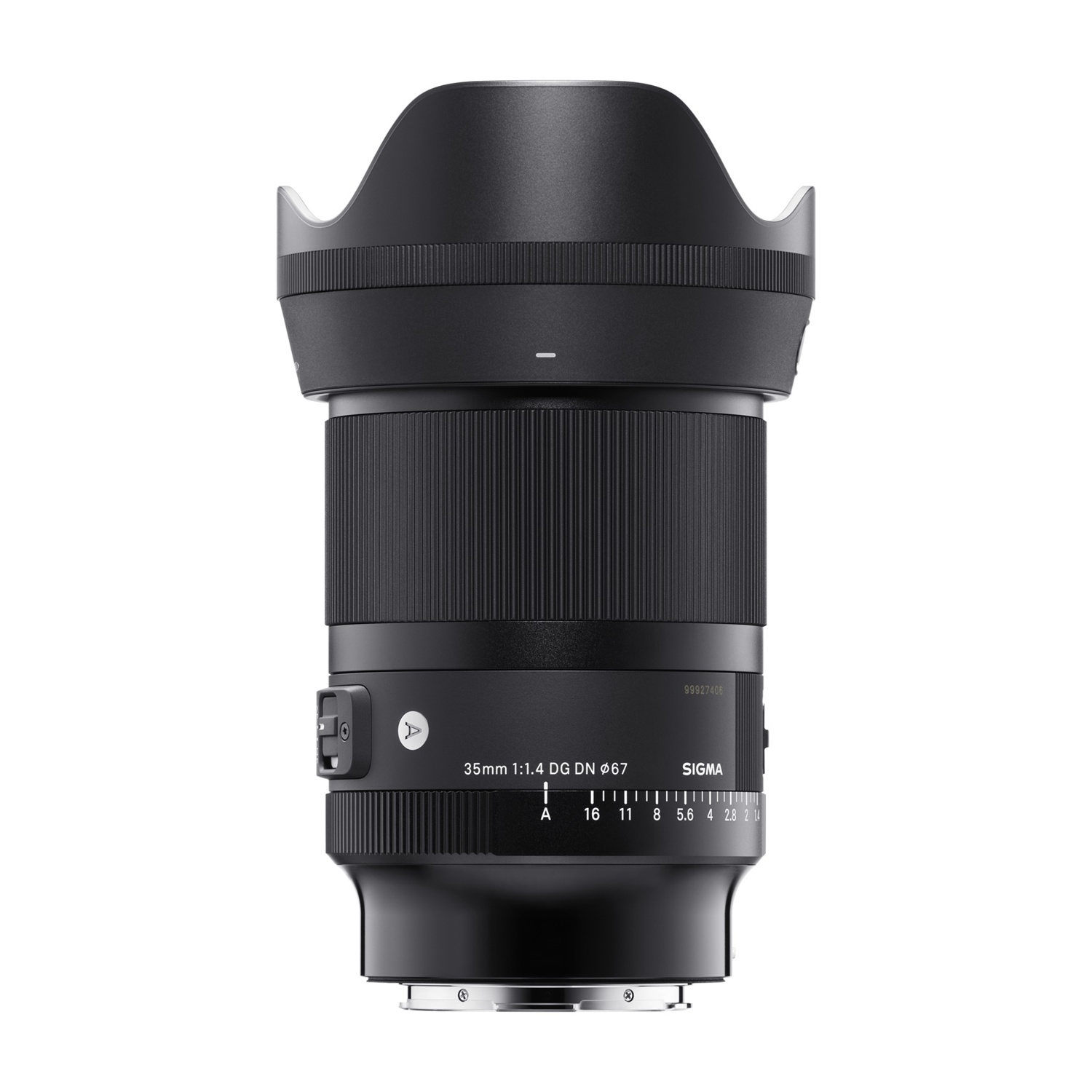 Obiettivo Sigma 35mm 1:1.4 DG DN 67 nero con paraluce e impostazioni.