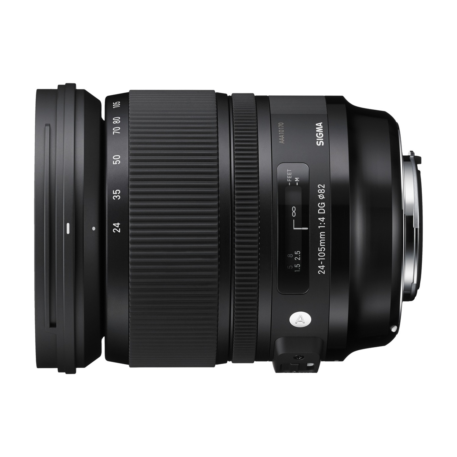 Obiettivo Sigma 24-105mm nero, vista laterale. Mostra le marcature dell'obiettivo, la ghiera di messa a fuoco e i numeri dello zoom.