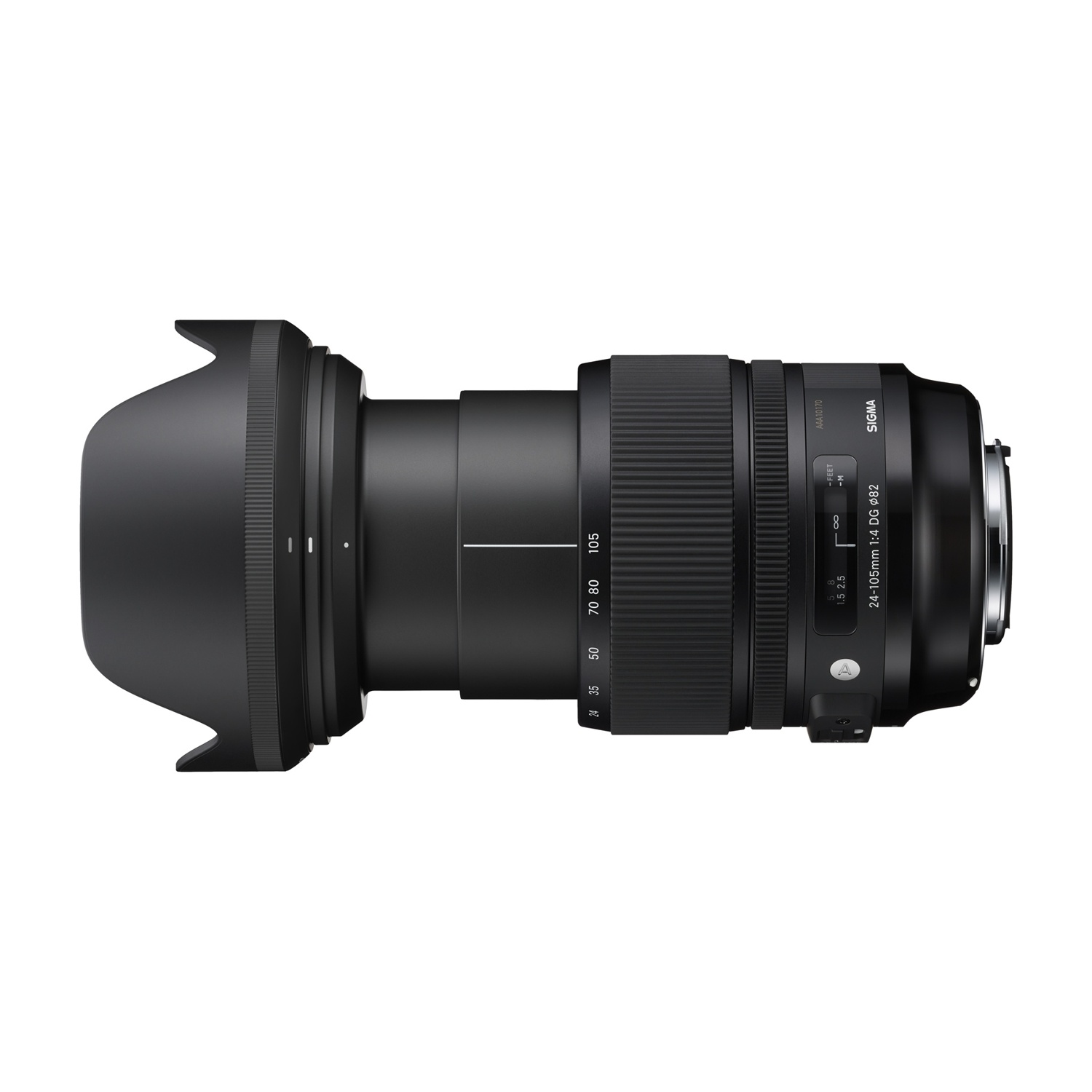 Obiettivo Sigma 24-105mm 1:4 DG 82 nero con paraluce e impostazioni.