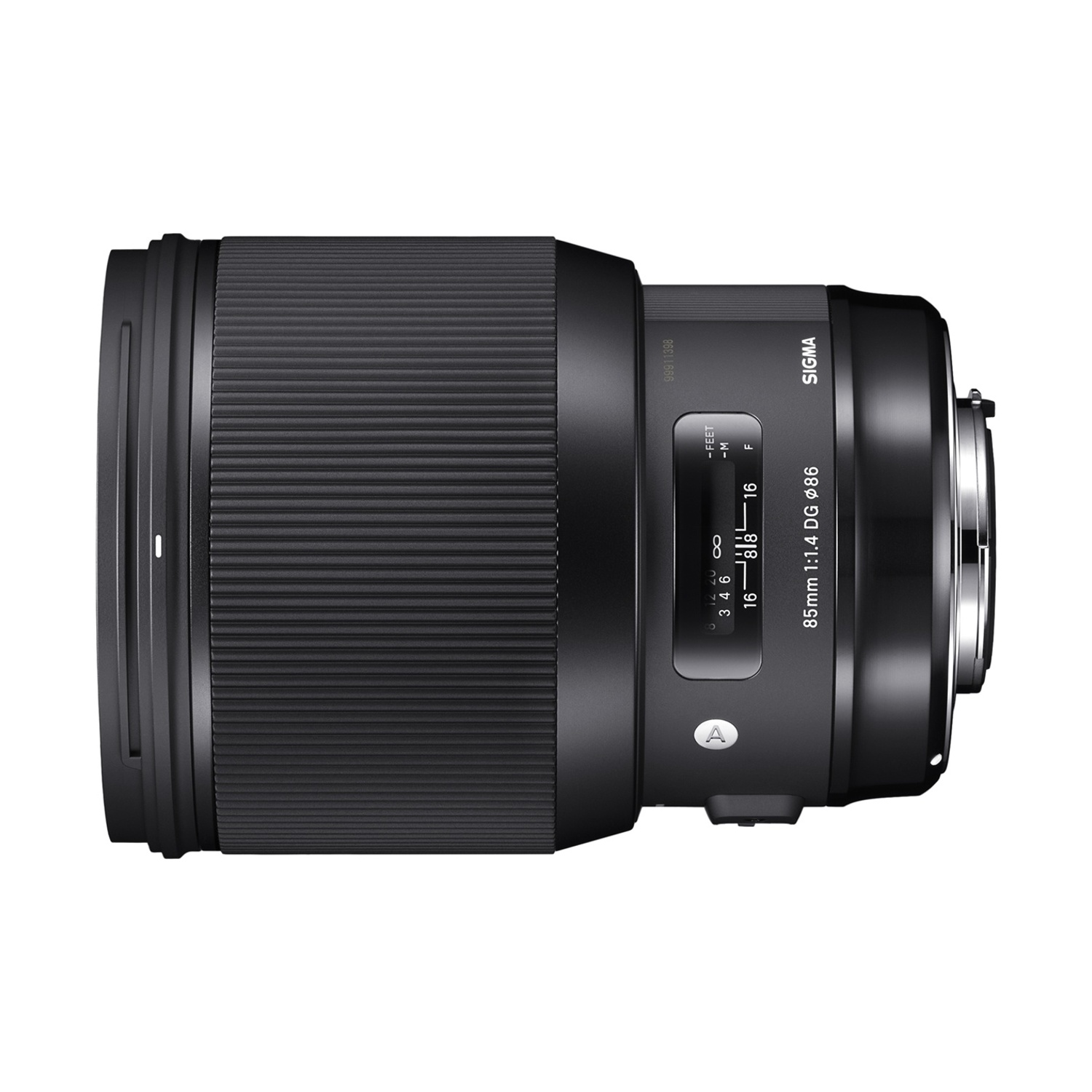 Obiettivo Sigma 85mm nero su sfondo bianco. Corpo scanalato, ghiera di messa a fuoco e attacco visibili.