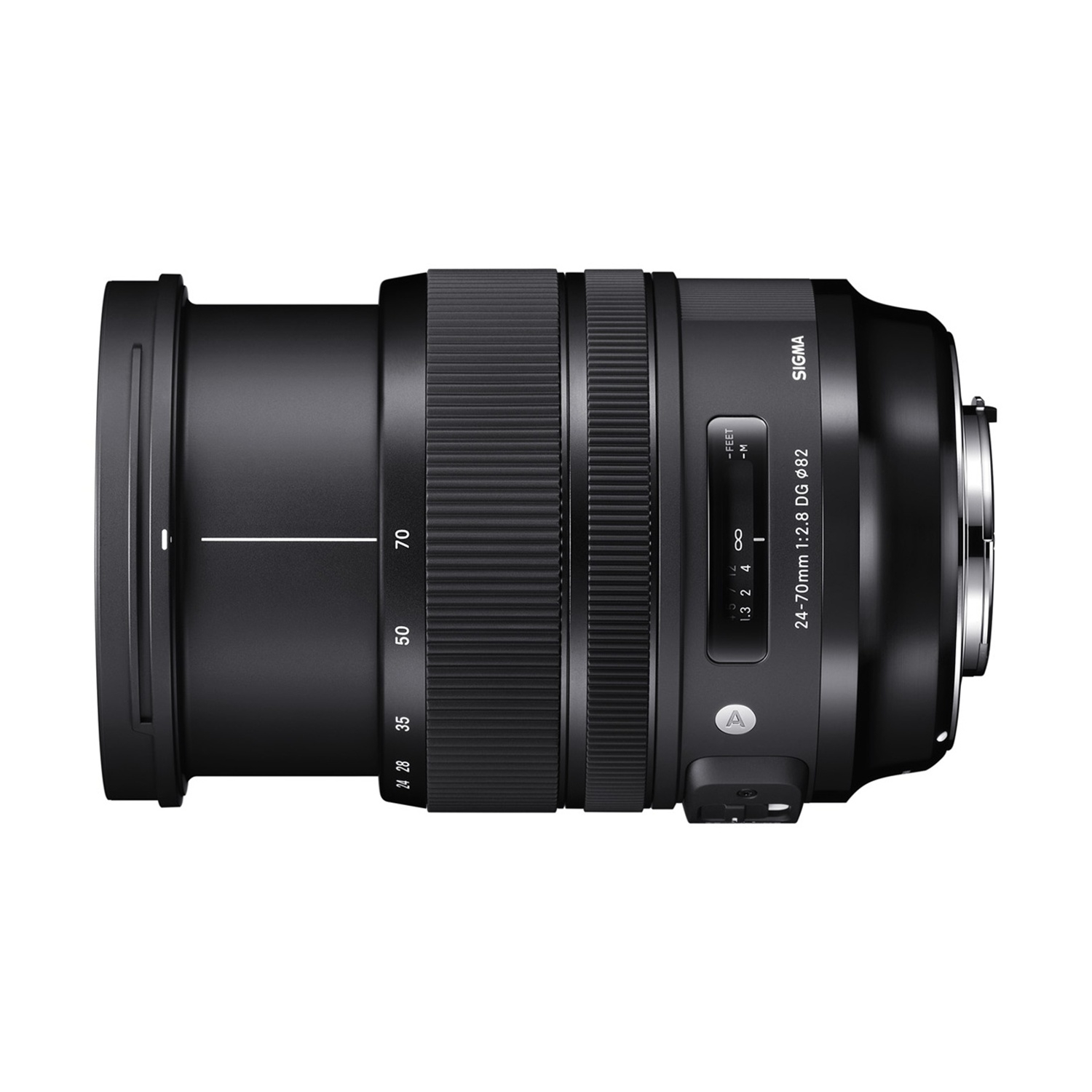 Obiettivo Sigma 24-70mm nero su sfondo bianco. Marcature, ghiere zoom e messa a fuoco visibili.