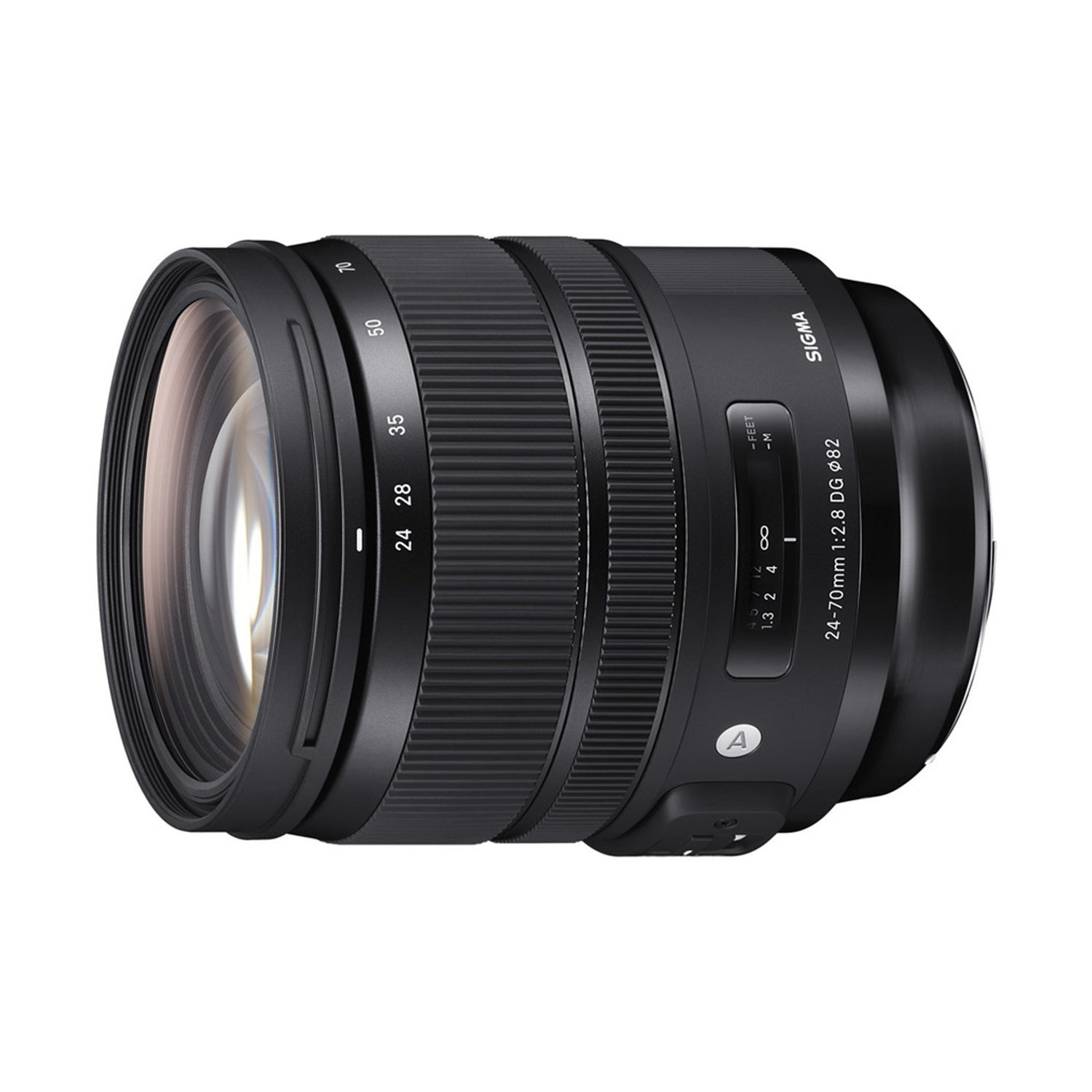 Obiettivo Sigma 24-70mm nero. Ha numeri, anelli e scala di messa a fuoco.