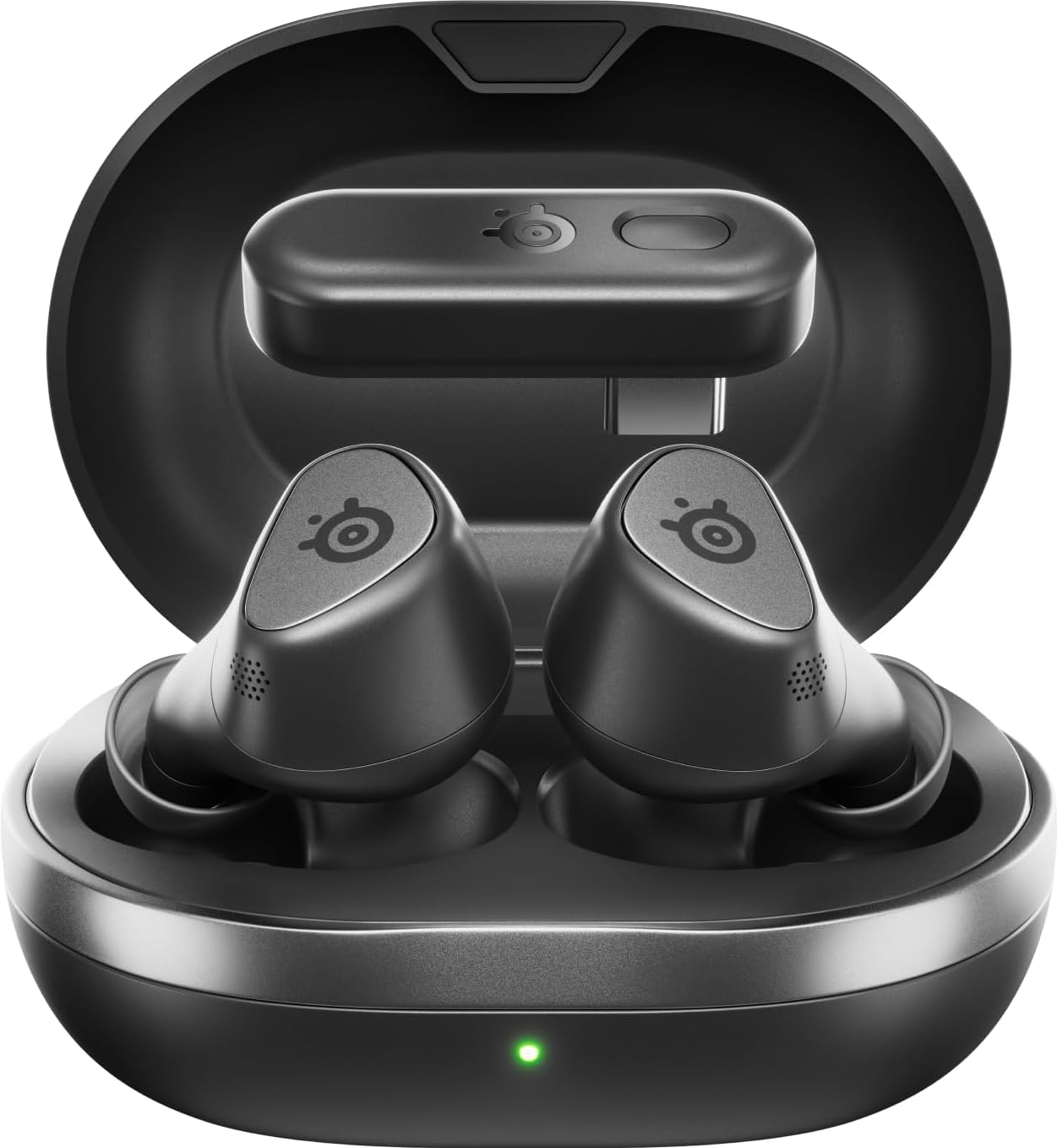 Custodia di ricarica nera con due auricolari e un piccolo adattatore USB-C.