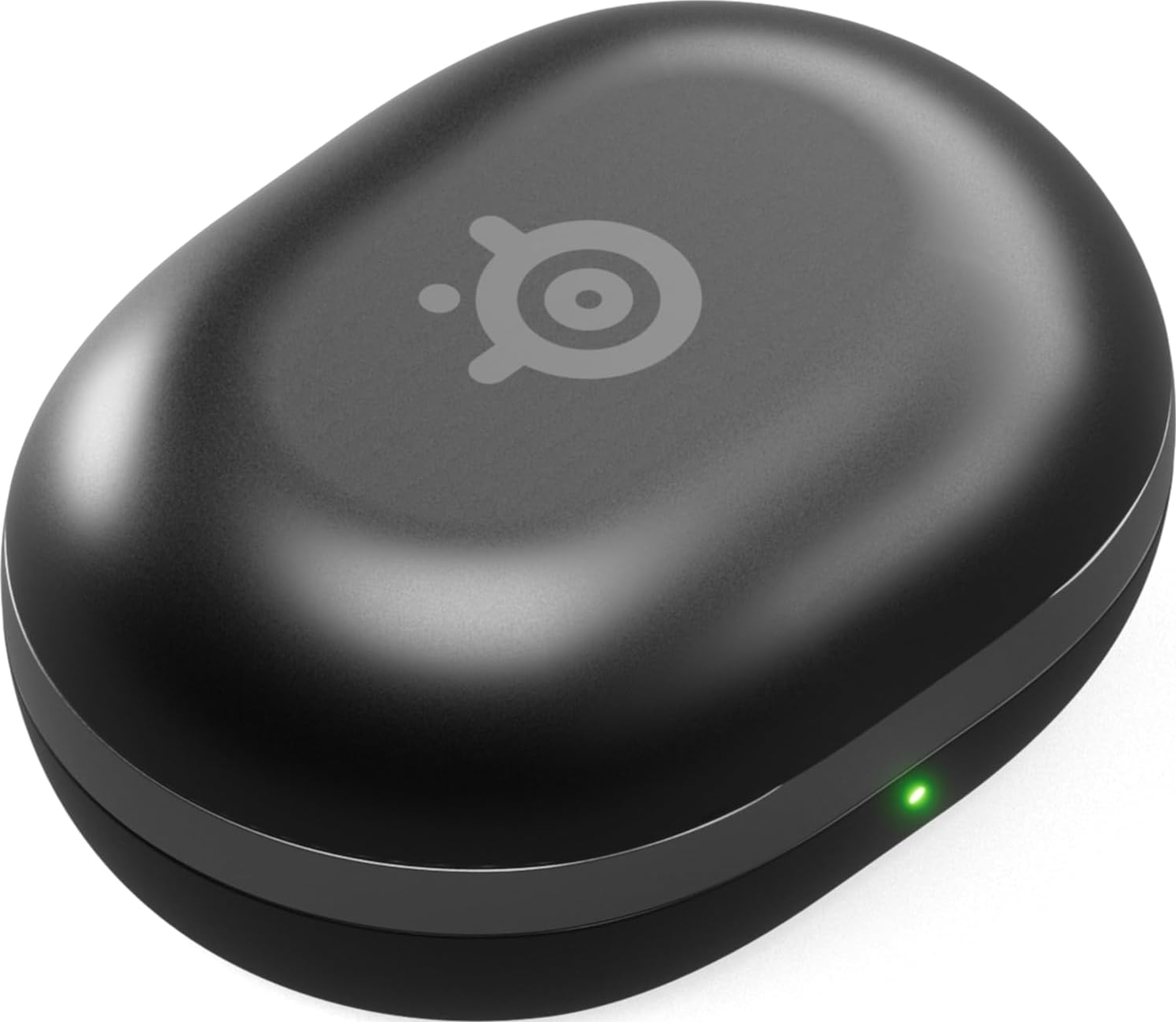 Una custodia di ricarica per auricolari SteelSeries nera con il logo del marchio e una luce verde.