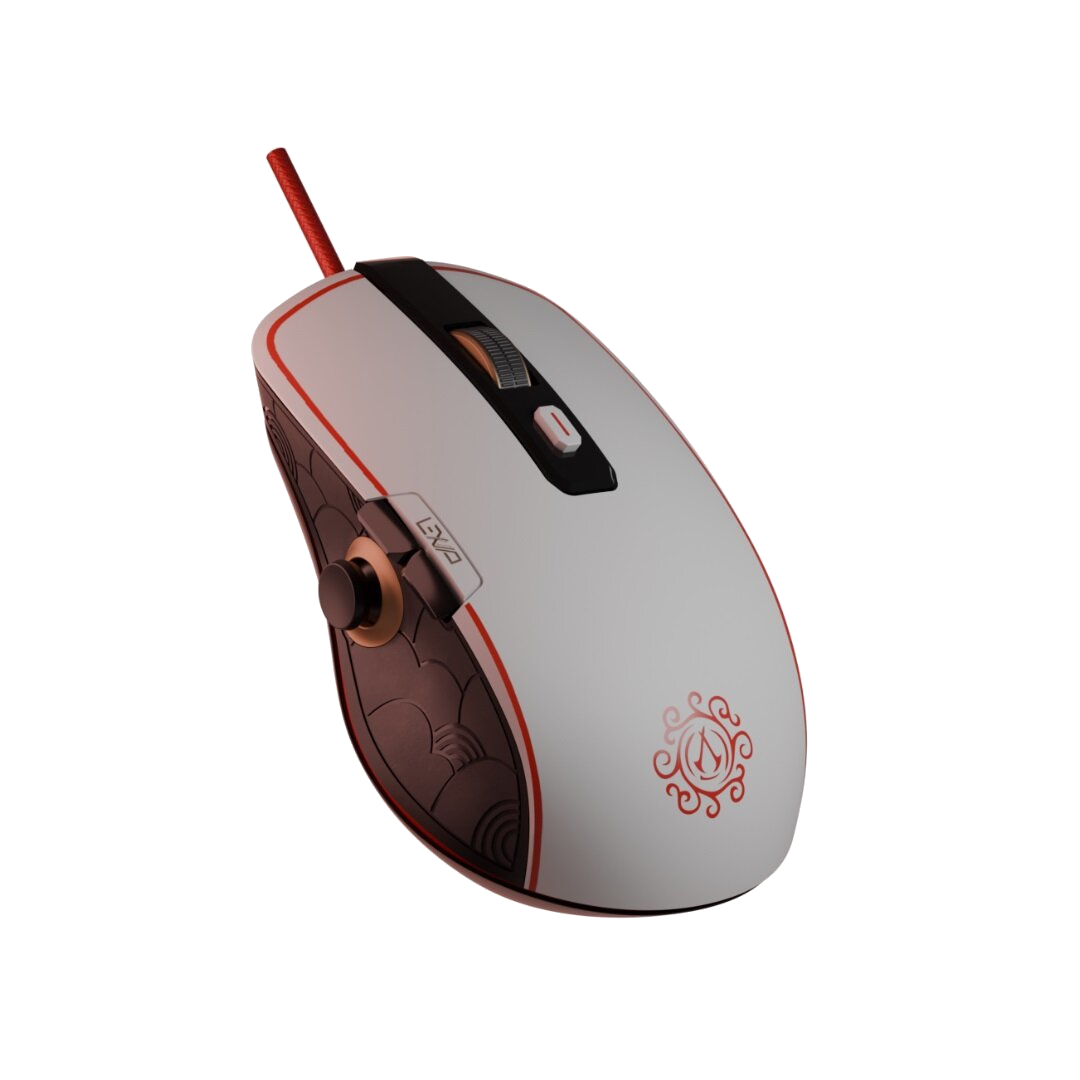 Biała mysz do gier z czerwonymi akcentami, czerwonym kablem i czarnym tłem.