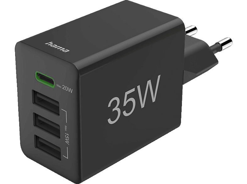 HAMA 201990 SCHNELLLADEGERÃ¤T, 1XUSB-C,3XA, 35W Schnelladegerät Universal, Schwarz