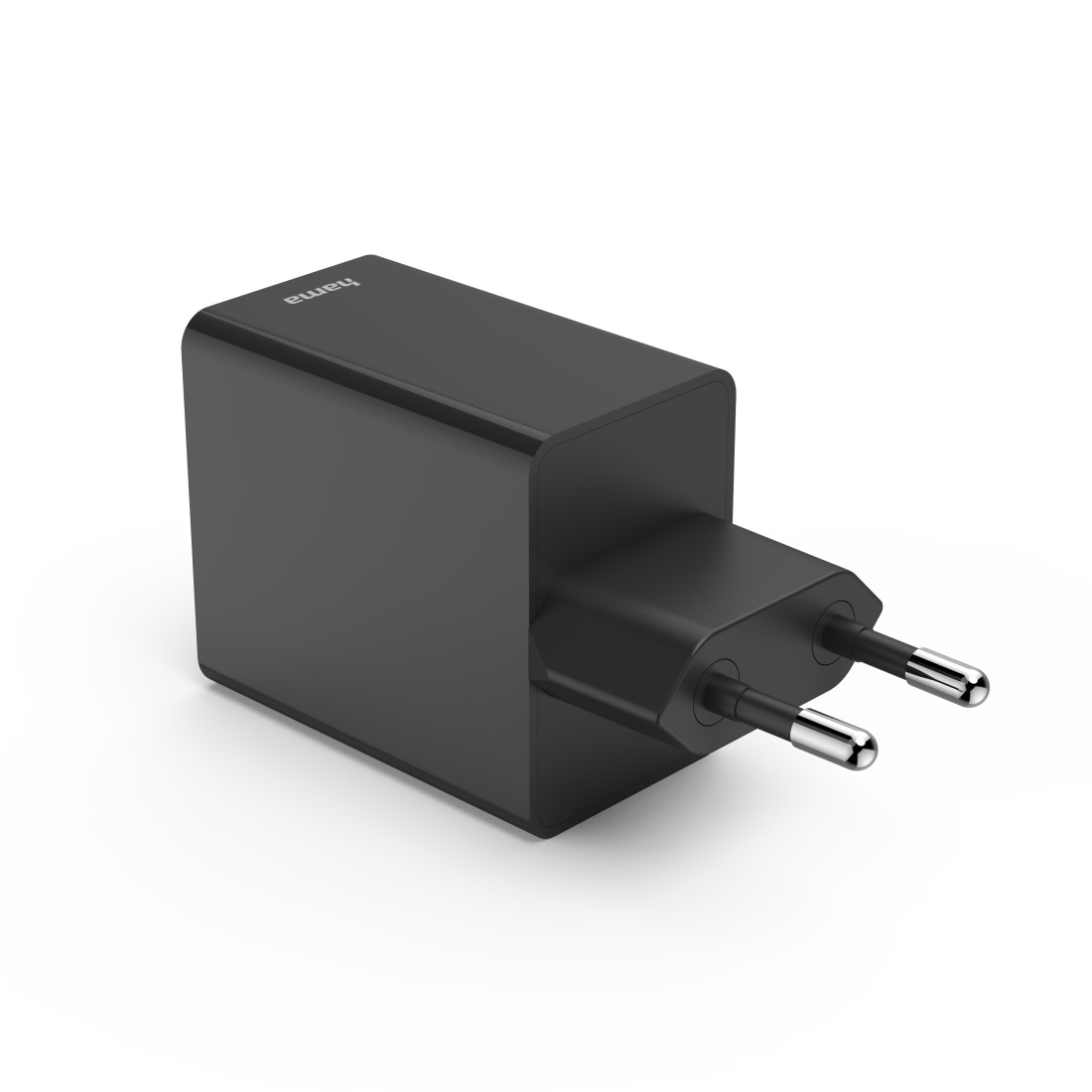 Ein schwarzer Hama-Netzadapter mit zwei Stiften.