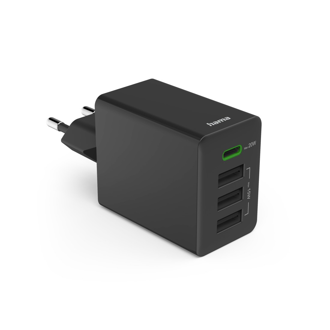 Ein schwarzer Hama-Netzadapter mit USB-Anschlüssen, beschriftet Max 20W.