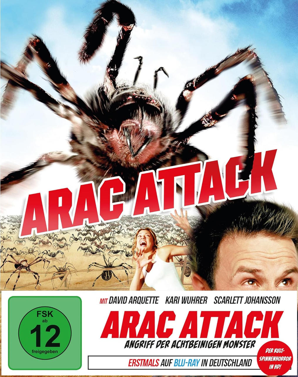 Filmposter für 'ARAC ATTACK'. Riesige Spinne über einer verängstigten Frau. Text und Logo auf weißem Grund.
