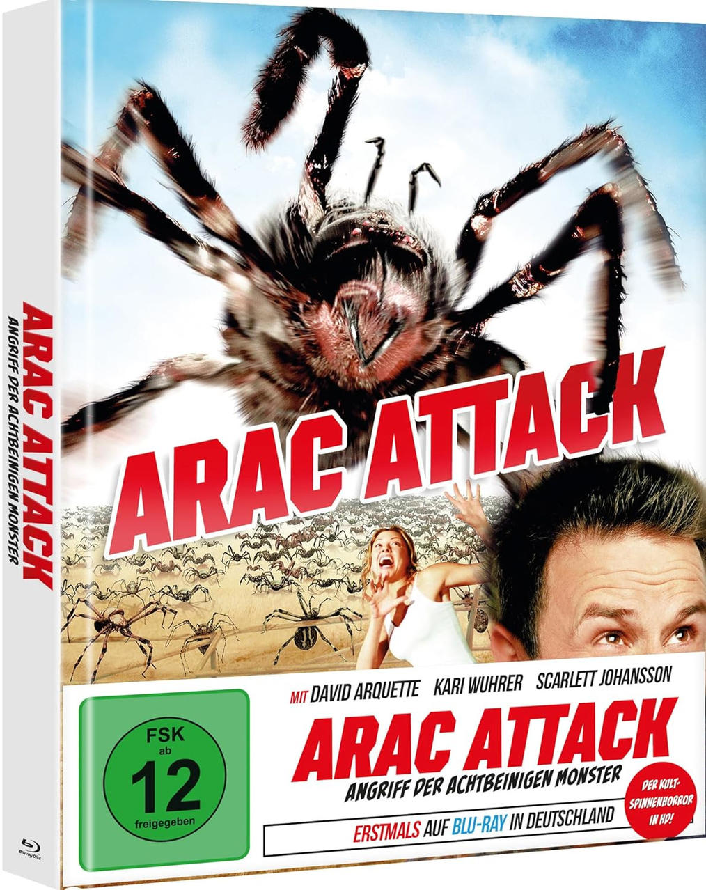 DVD-Cover mit einer riesigen Spinne, die Menschen angreift. Der Titel lautet 'ARAC ATTACK'.