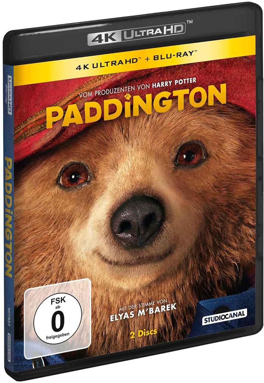 Eine DVD-Hülle mit einem Paddington Bär-Bild auf der Vorderseite, mit Text und Logo.