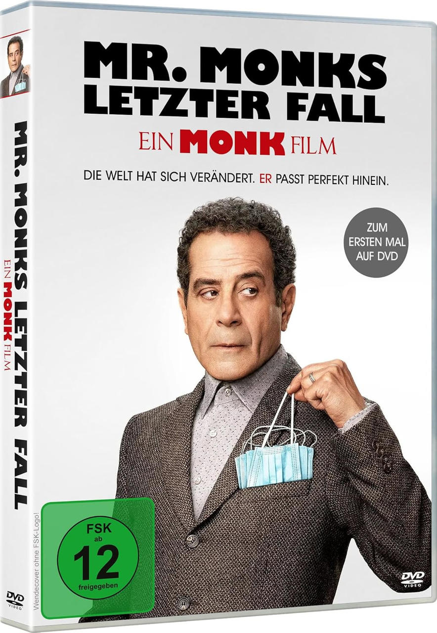 DVD-Hülle, Filmcover "Mr. Monk's letzter Fall" mit Tony Shalhoub, der Masken hält.