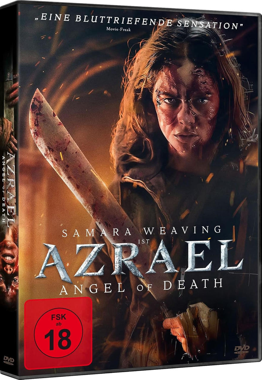 Filmcover mit einer Frau, die eine Machete hält, Blut im Gesicht und Text.