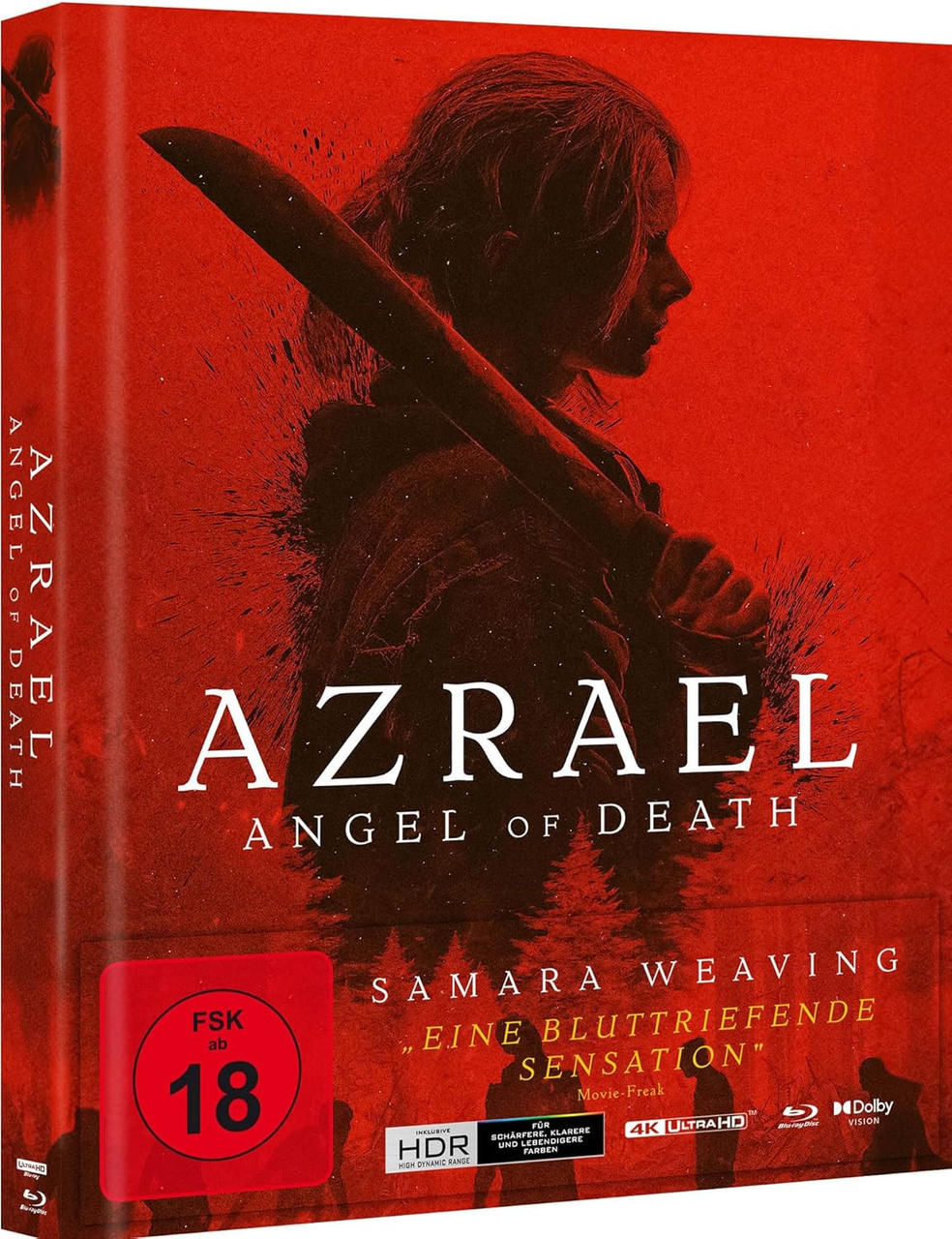 Filmplakat für 'Azrael: Angel of Death' mit einer Frau, die ein Messer in einem roten Hintergrund hält.
