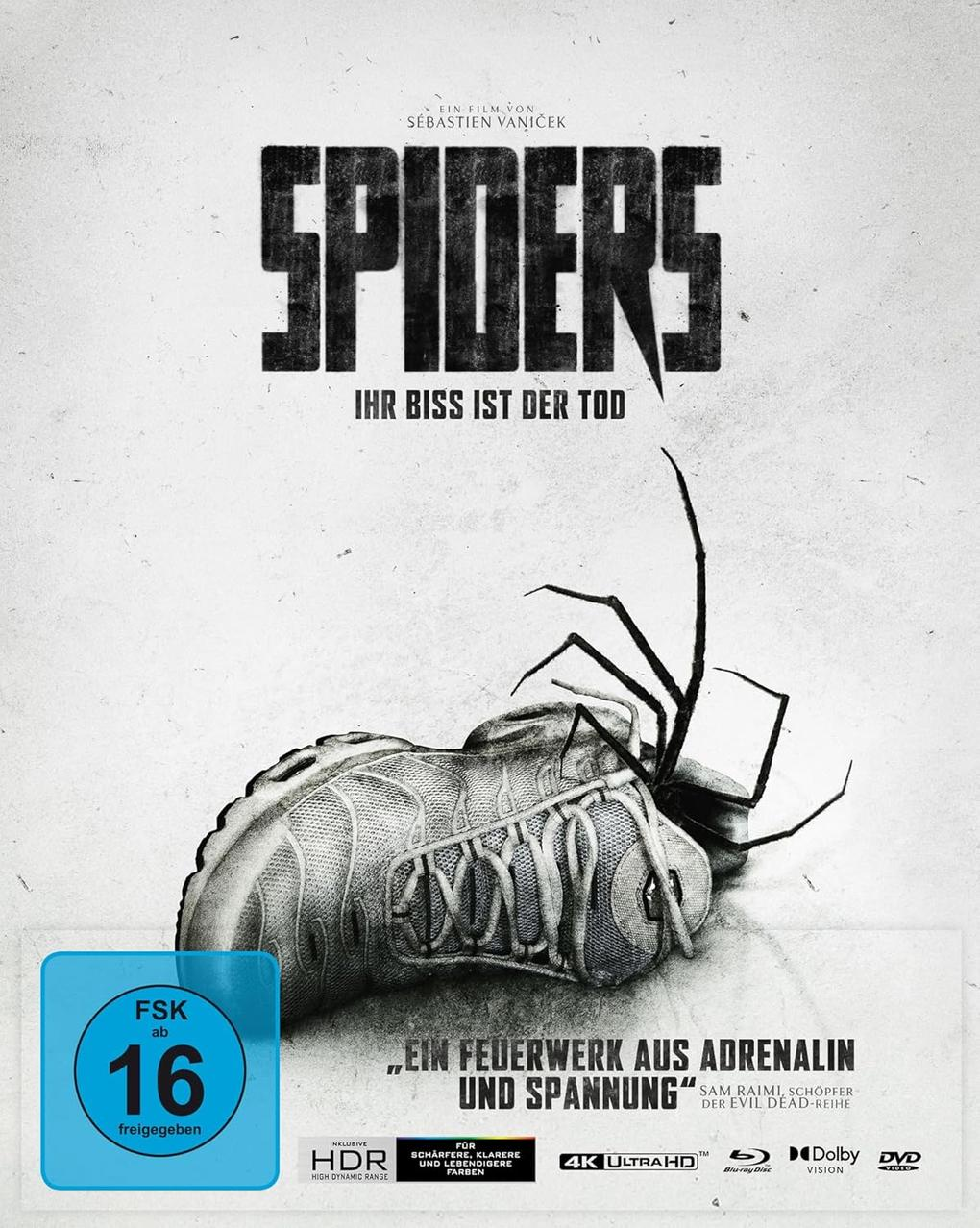 Filmposter. Spinne kriecht aus einem Schuh. Text: 'SPIDERS' und 'Ihr Biss ist der Tod'.