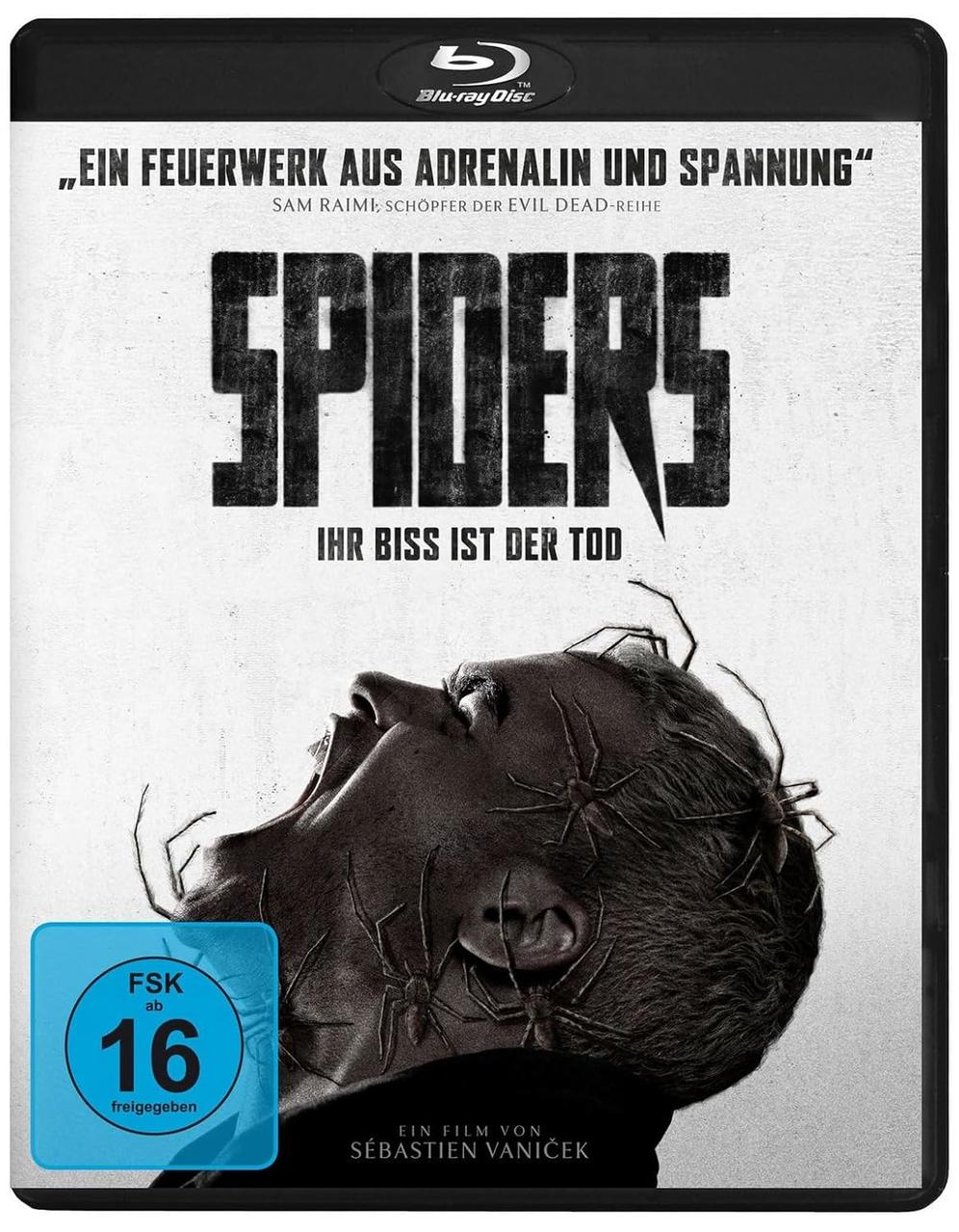 Blu-ray-Cover: Gesicht eines Mannes mit Spinnen bedeckt, Titel 'Spiders'.