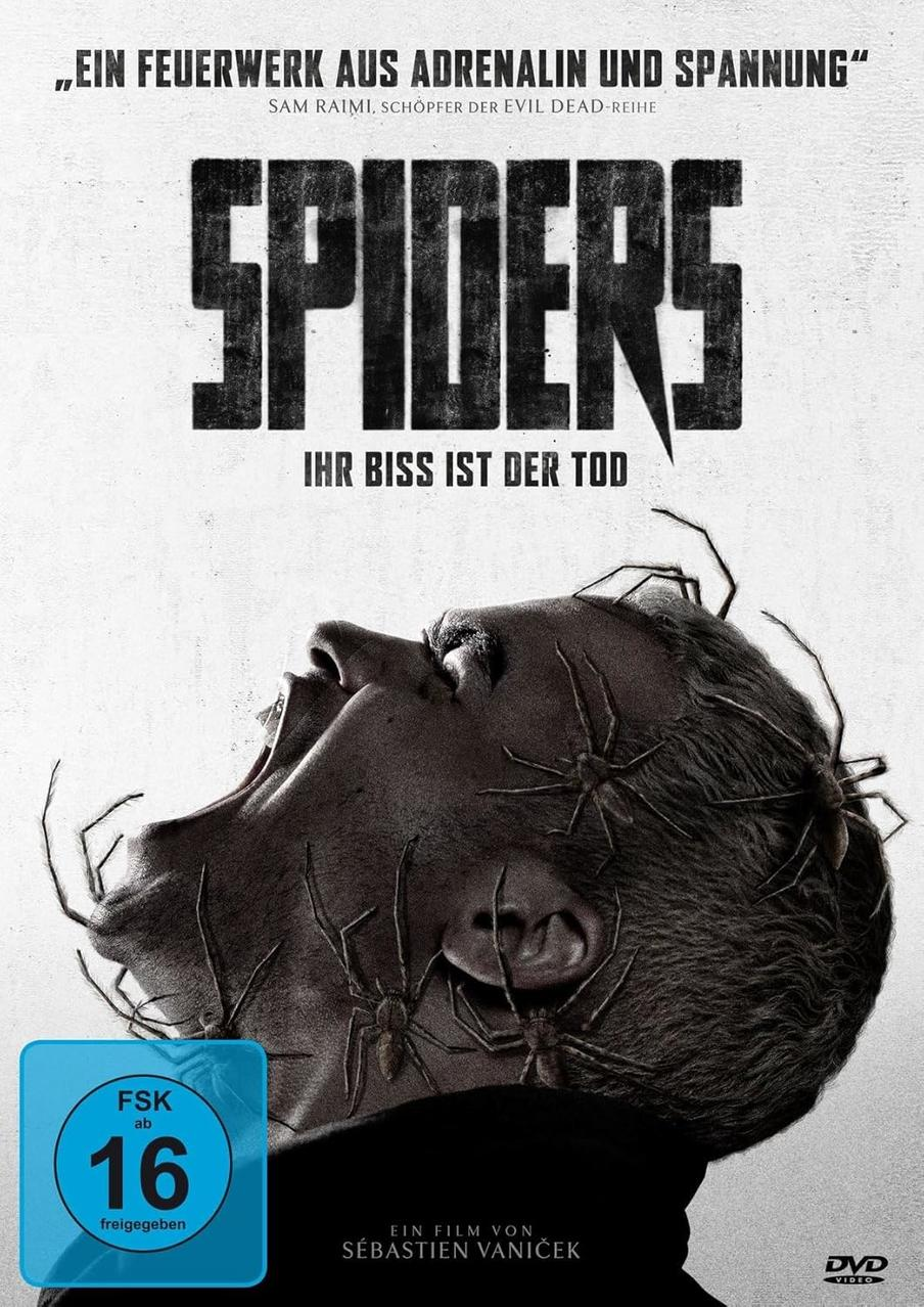 Filmcover 'Spiders'. Ein Mann mit Spinnen auf dem Kopf, schreit. Deutscher Text.