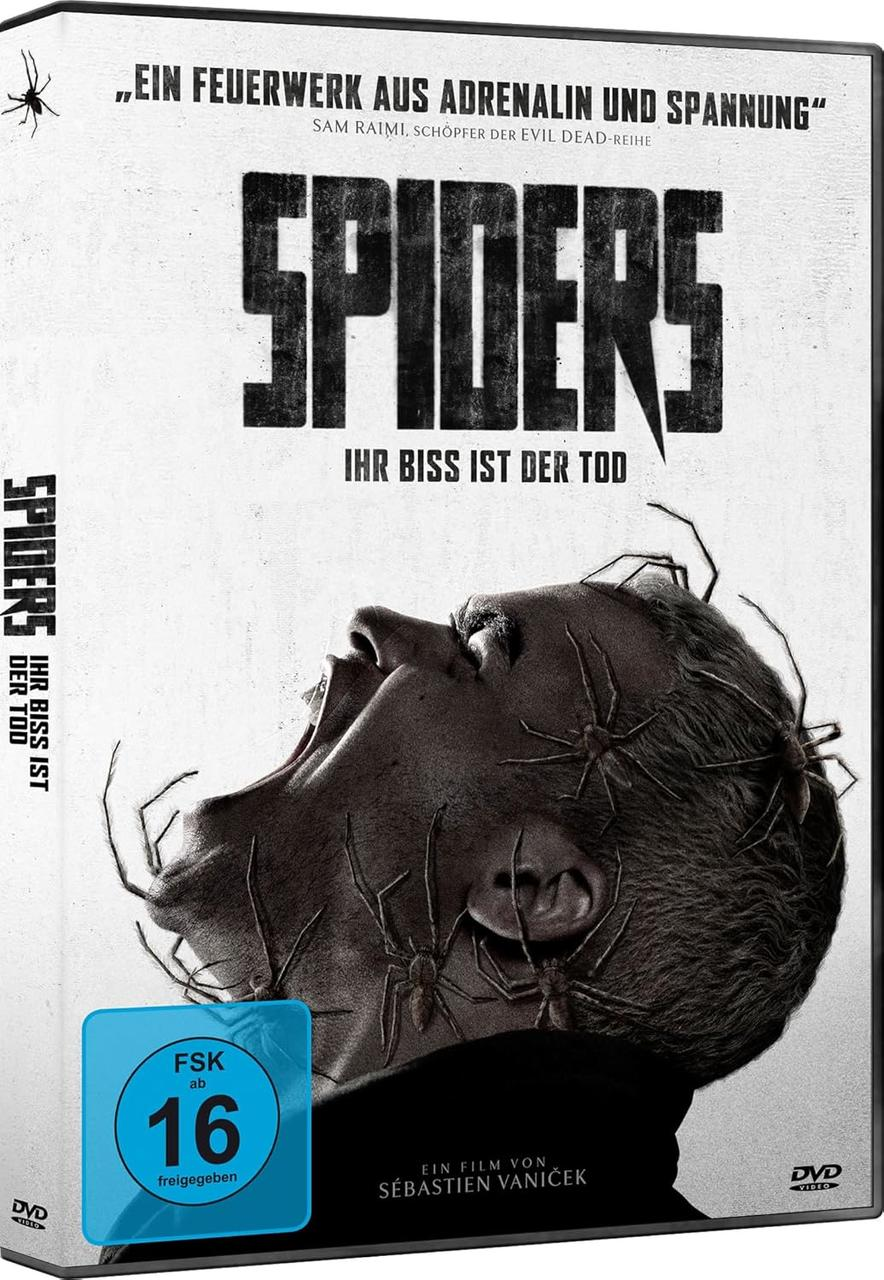 DVD-Cover für 'Spiders', ein Mann mit Spinnen im Gesicht, mit Textüberlagerung.