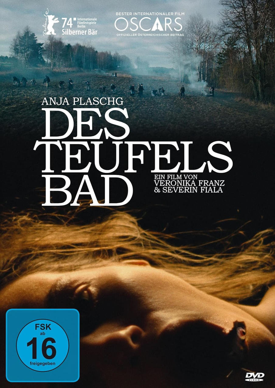 Filmcover: Des Teufels Bad. Gesicht einer Frau, dunkler Hintergrund, FSK 16. Deutscher Titel.