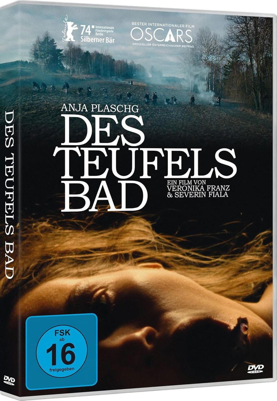DVD-Hülle: Filmtitel 'Des Teufels Bad' mit Frauenkopf und Menschenmenge im Hintergrund.