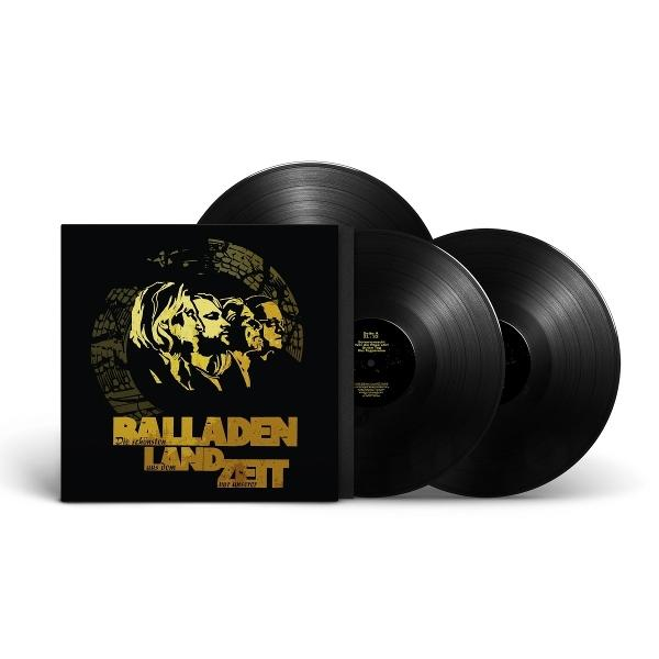 Albumcover und drei schwarze Vinyl-Schallplatten. Goldener Text und Bild auf dem Albumcover.