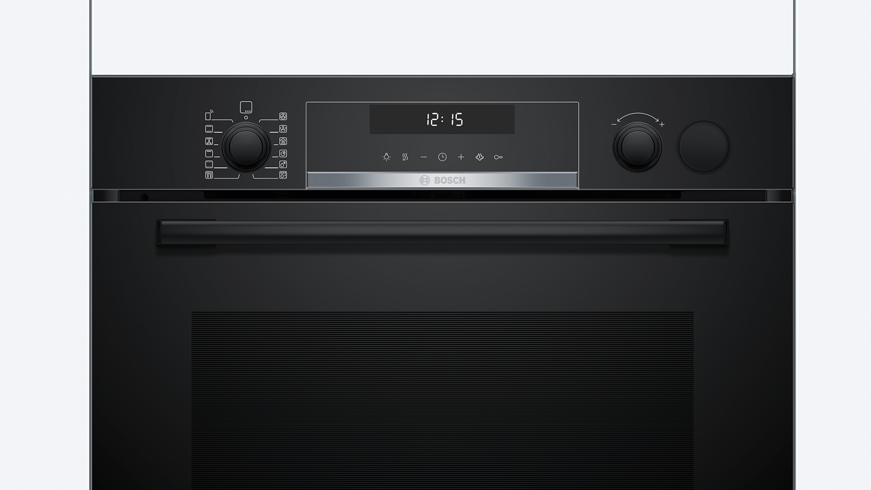 Schwarzer Ofen mit Digitalanzeige 12:15. Er hat Knöpfe und einen Griff. Die Marke ist Bosch.