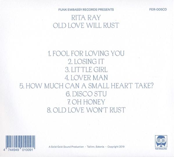 Rückseite einer CD-Hülle mit Songtiteln von Rita Ray. Text ist weiß auf blauem Hintergrund.