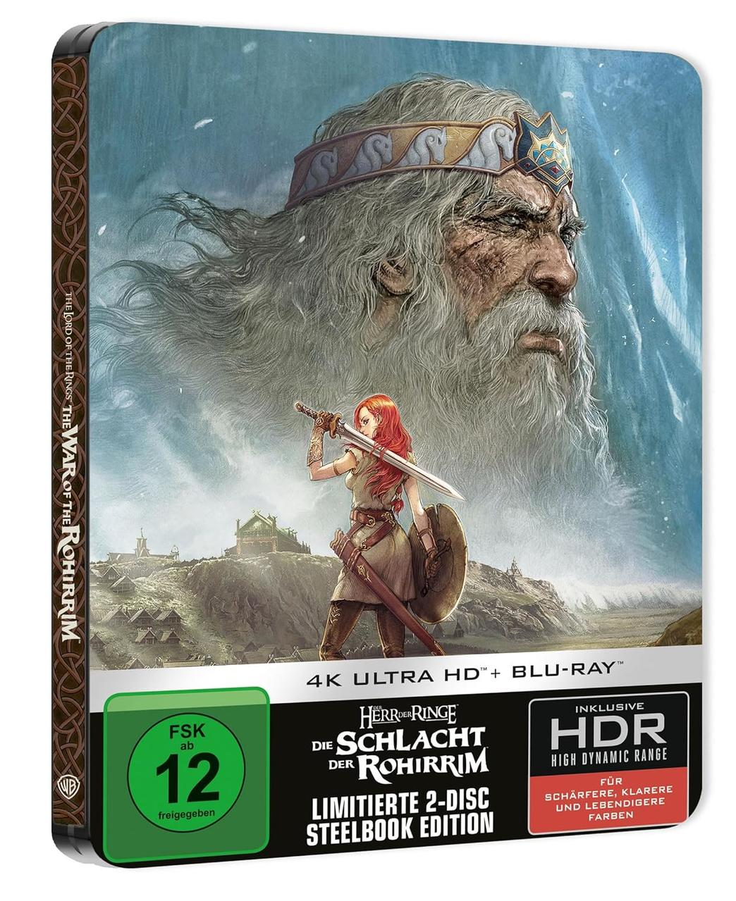 Eine Blu-ray-Hülle mit einer Frau mit Schwert vor einem großen Gesicht. Der Hintergrund ist ein Berg.