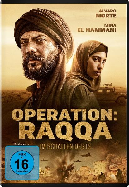 DVD-Cover für 'OPERATION: RAQQA'. Zeigt zwei Personen vor einer Wüstenszene. Der Text ist auf Deutsch.