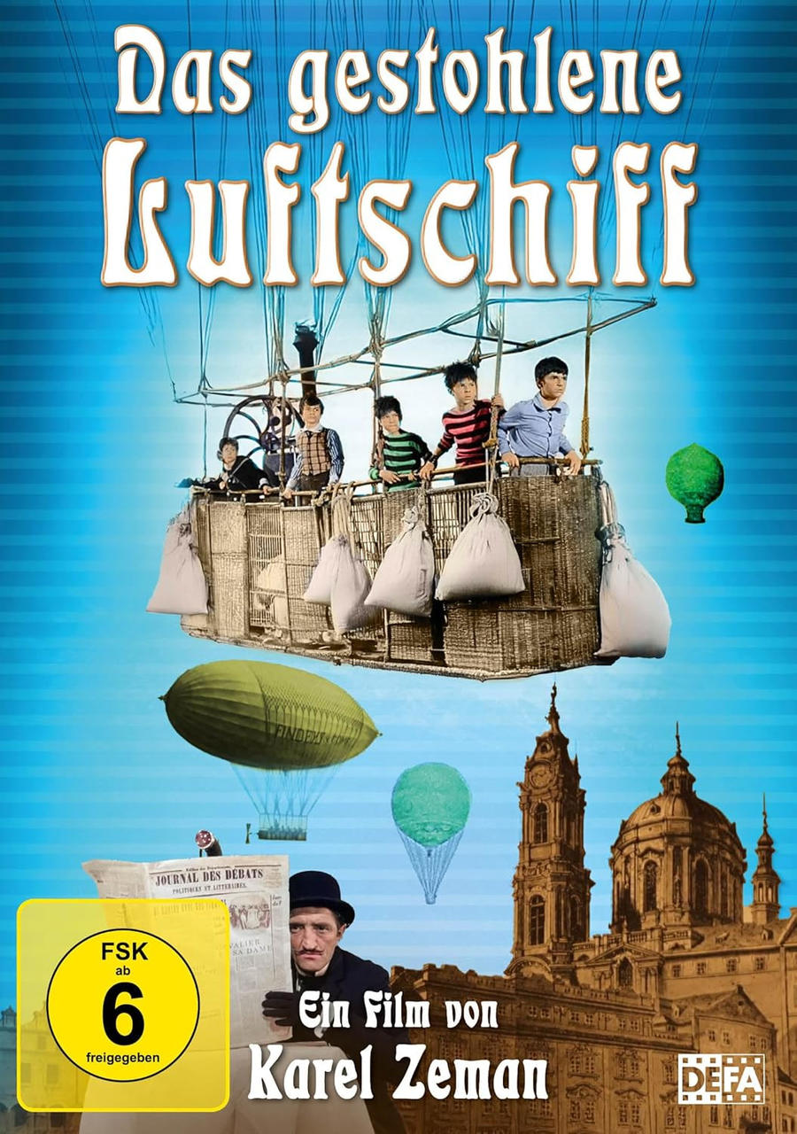 Filmposter mit Luftschiff und Personen. Titel ist auf Deutsch. Ein Mann hält eine Zeitung im Vordergrund.