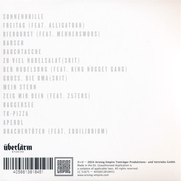 CD-Rückseite mit Titelliste. Der Text ist weiß auf dunklem Hintergrund. Das Logo ist unten links.