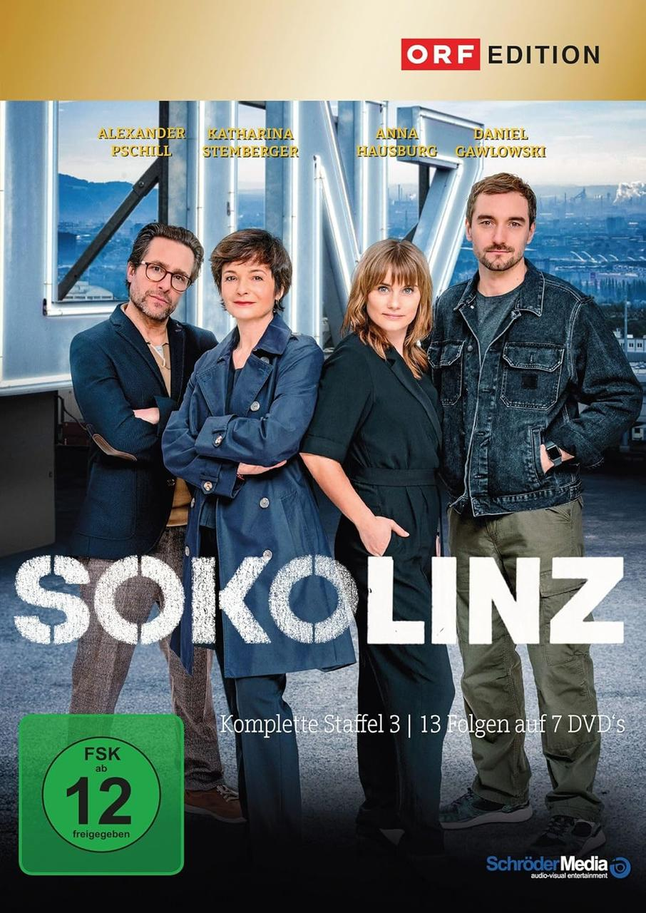 DVD-Cover der SOKO Linz-Show mit vier Schauspielern. Der Hintergrund ist ein Stadtbild. Text auf Deutsch.