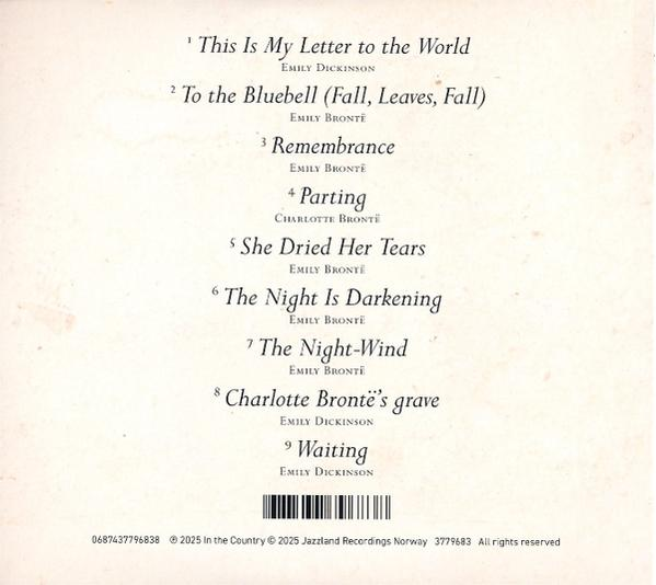 CD-Rückseite mit Titelliste. Der Text ist weiß auf hellem Hintergrund. Der Name ist Emily Bronte.