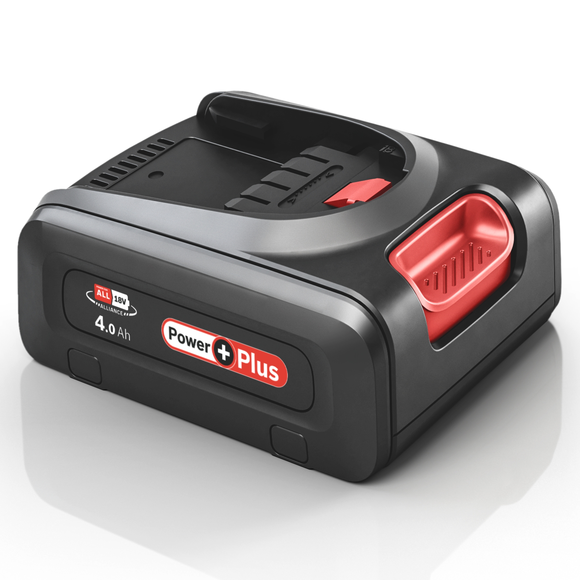 Schwarze und rote Power+Plus Batterie, mit rotem Ladeanschluss.