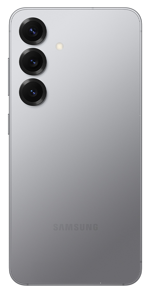 Widok z tyłu szarego smartfona z trzema aparatami, lampą błyskową i logo Samsung.