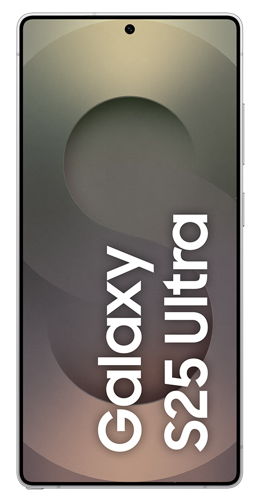 Smartfon z logo Galaxy S25 Ultra. Srebrna ramka, szare tło.