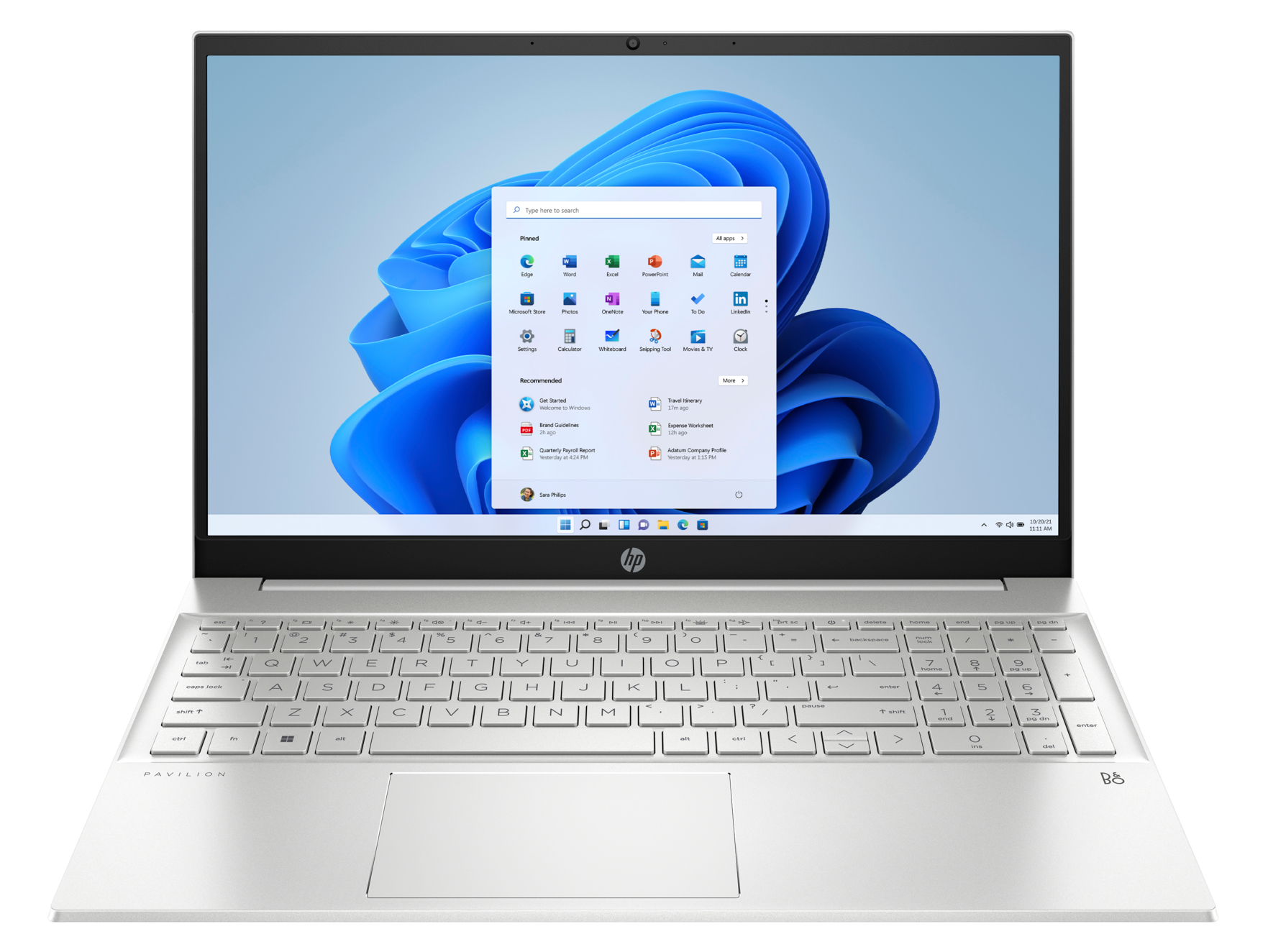 Srebrny laptop z białym ekranem pokazującym interfejs Windows 11. Klawiatura widoczna. Czarne tło.