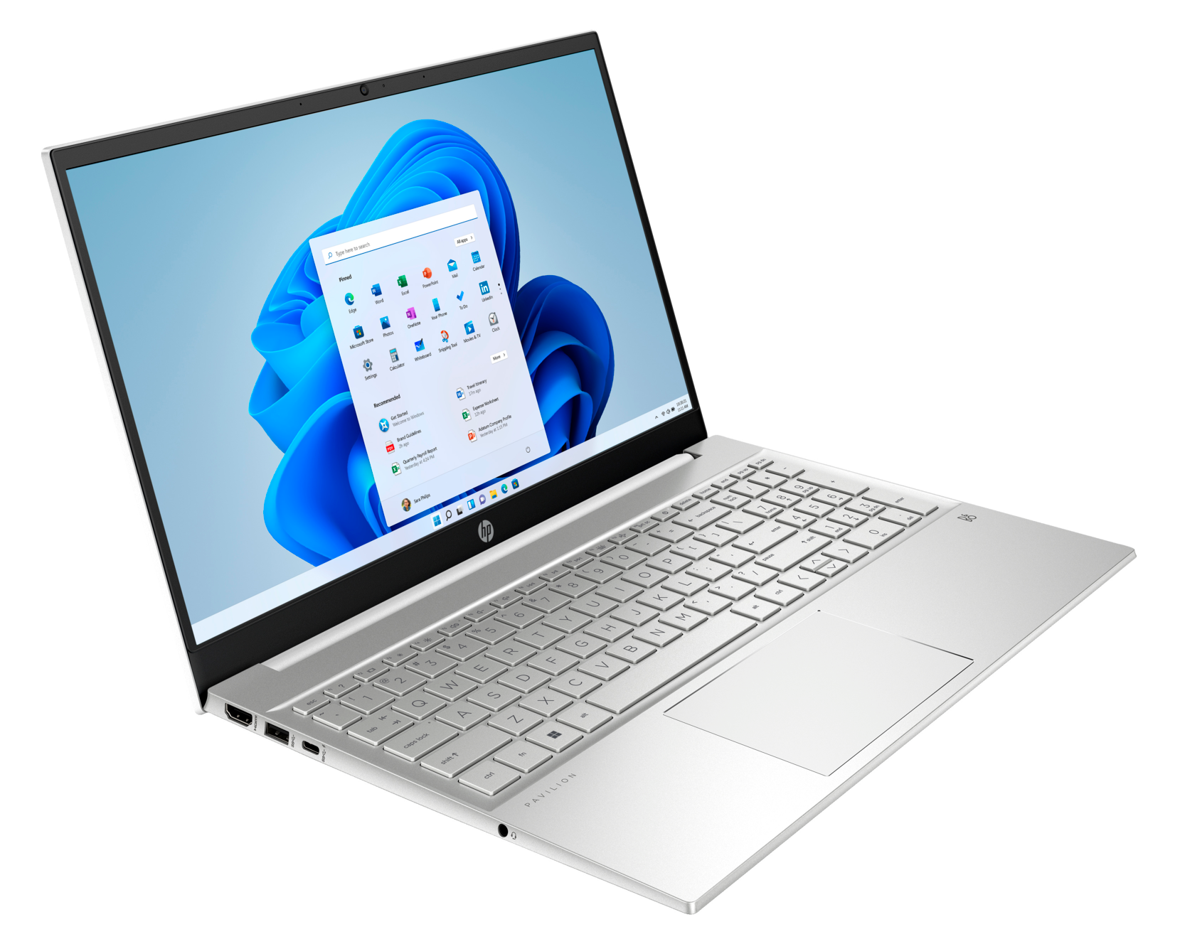 Srebrny laptop z ekranem Windows 11, otwarty na białej powierzchni, widok z kąta, czarne tło.