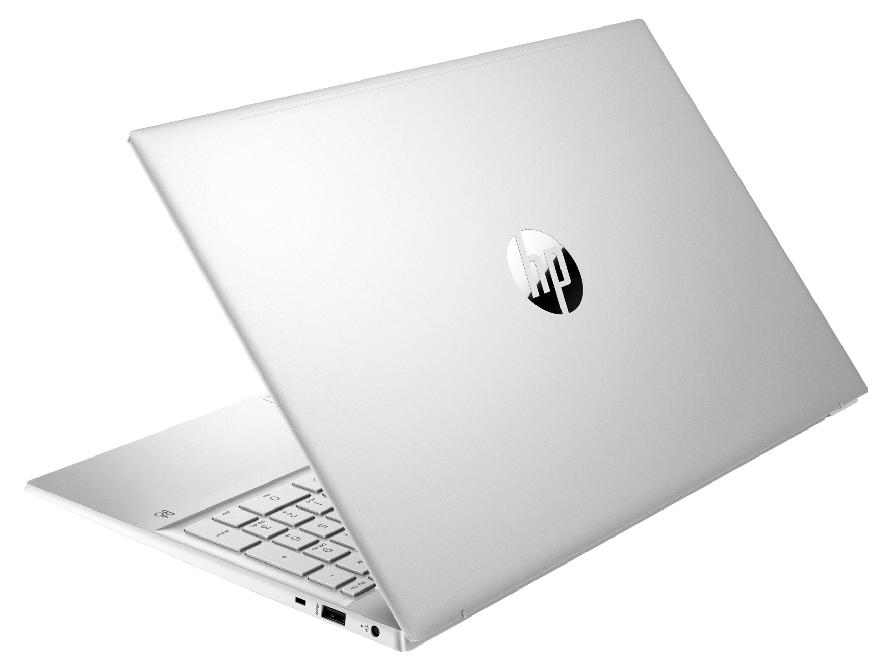 Srebrny laptop z białą klawiaturą, otwarty i pochylony do tyłu. Widoczne logo HP.