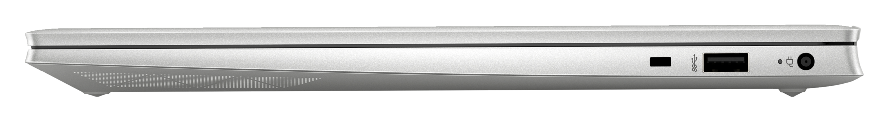 Widok z boku srebrnego laptopa. Widoczne porty USB i zasilania.