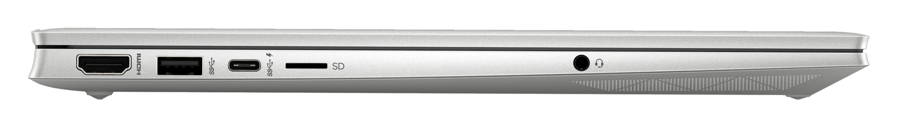 Widok z boku srebrnego laptopa z portami: HDMI, USB, USB-C, kartą SD i gniazdem słuchawkowym.