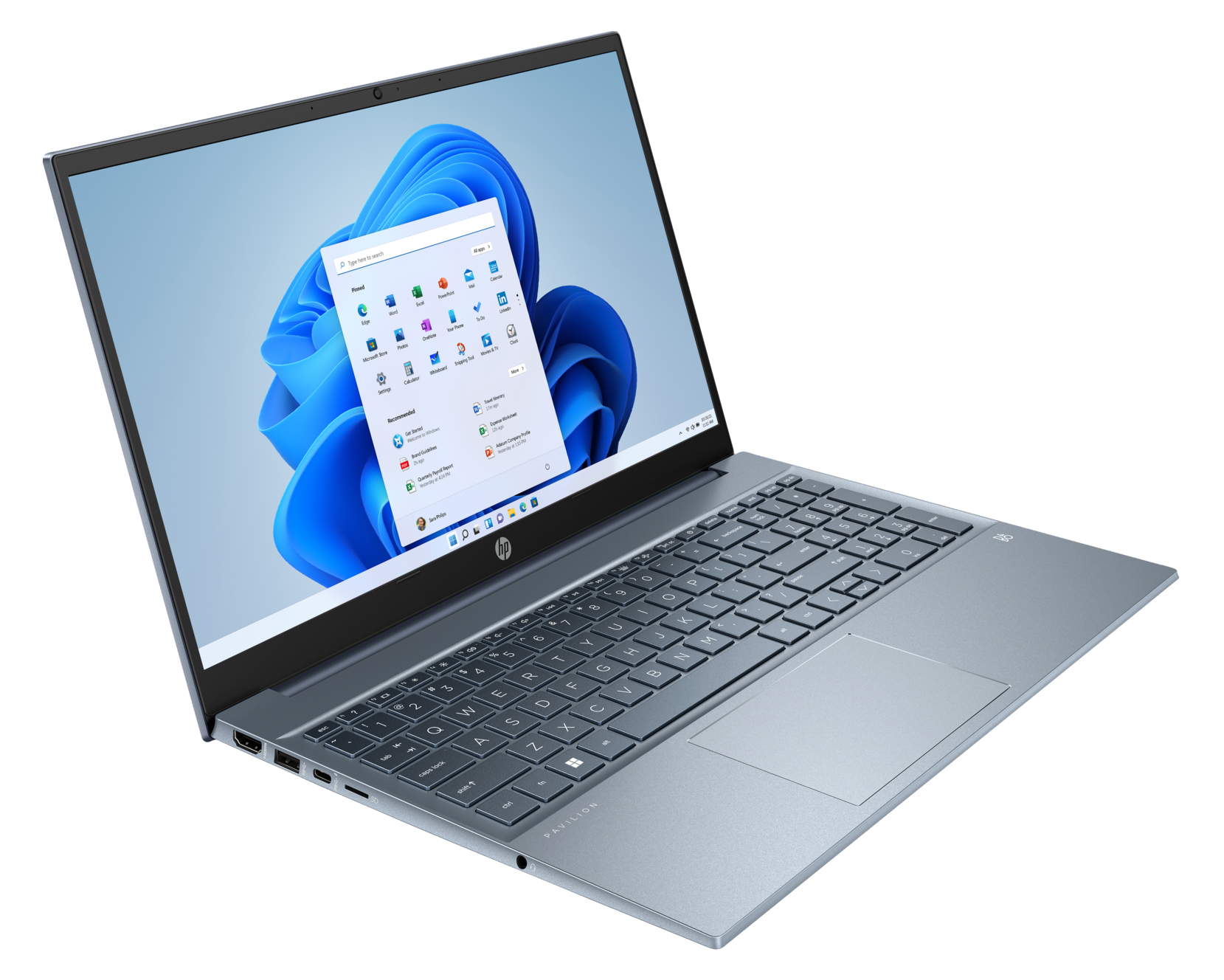 Niebieski laptop otwarty z interfejsem Windows 11. Ekran jest skierowany w stronę widza.