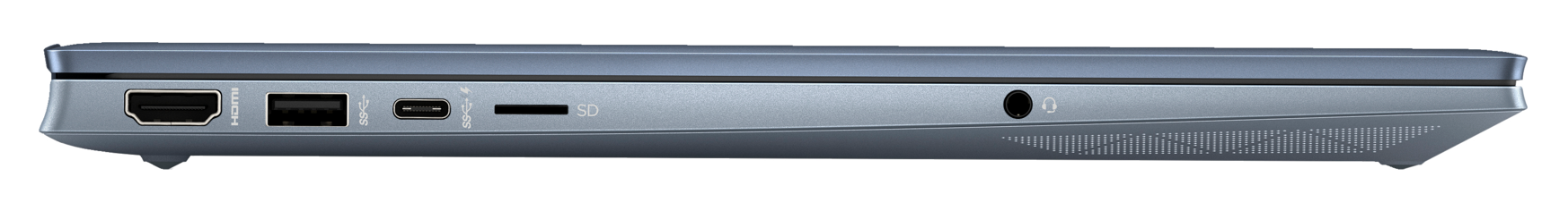 Widok z boku laptopa z portami: HDMI, USB, USB-C, czytnik kart SD i gniazdo słuchawkowe.