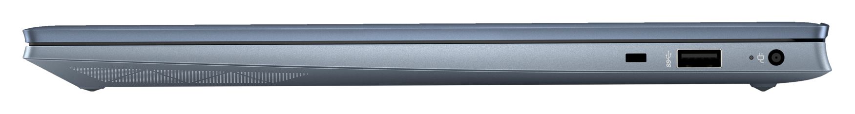 Widok z boku zamkniętego laptopa, kolor srebrny. Porty z boku, USB i wejście zasilania.