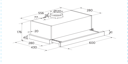 Un dibujo técnico de una campana extractora de cocina, que muestra dimensiones y características. Fondo blanco.