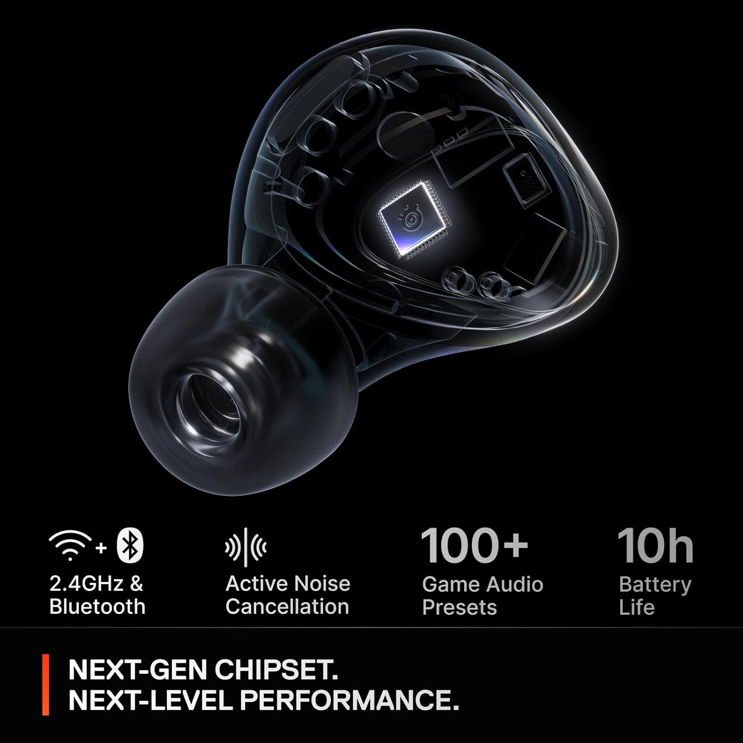 Auricolari neri con un grafico del chipset di nuova generazione.